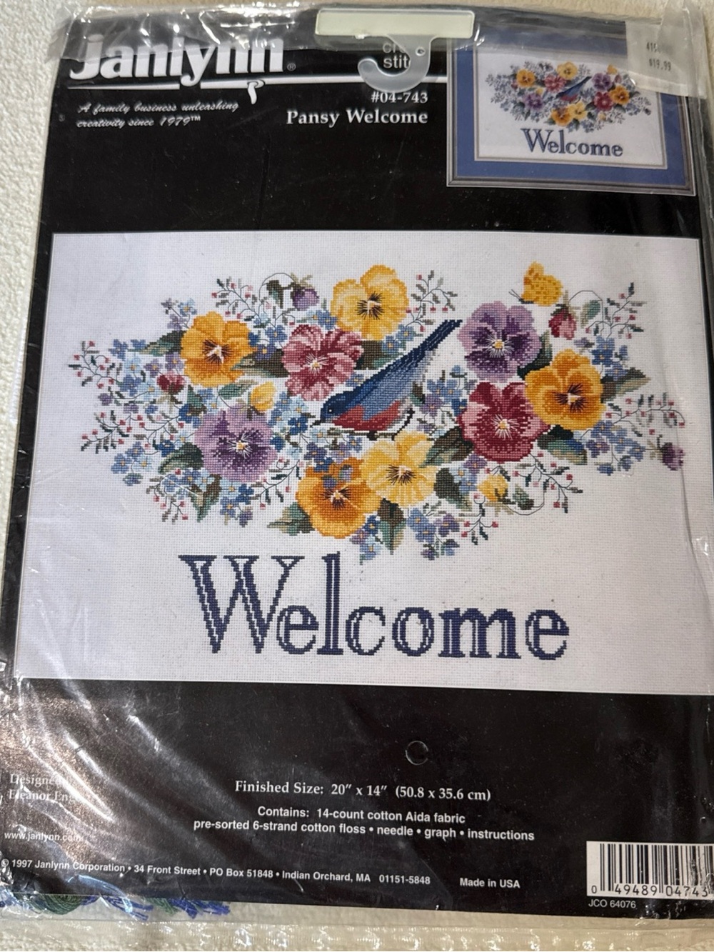 Janlynn Pansy Welcome Cross Stitch Kit - Yellow & Purple Floral
